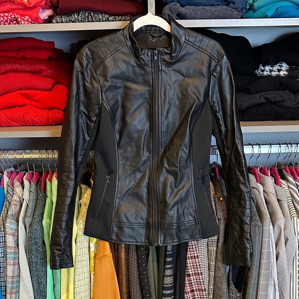 R D Style black mixed media 2 zipper pocket jacket size S